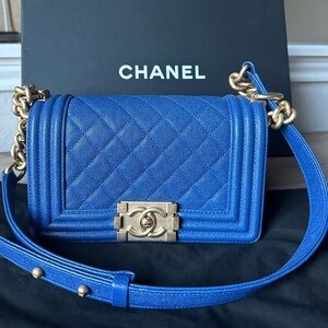 Authentic Chanel Boy Flap in Blue Quilted Caviar with Aged gold hardware